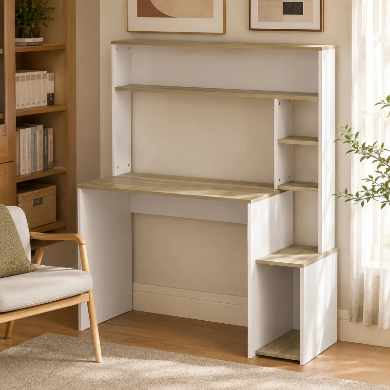 HOMCOM Bureau Informatique, 114 x 45 x 138 cm, Bureau avec Rangement, Étagères Ouvertes et Support UC, Blanc et Bois Naturel