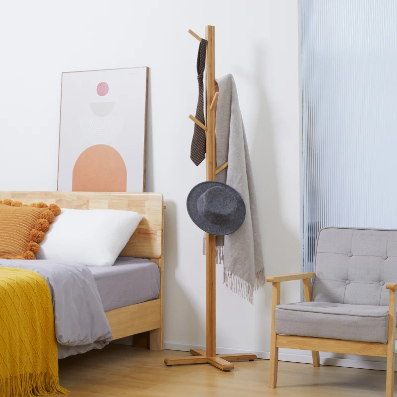 HOMCOM Portemanteau en bambou, portant à vêtements avec 8 patères, pour couloir, chambre, buanderie, bois naturel