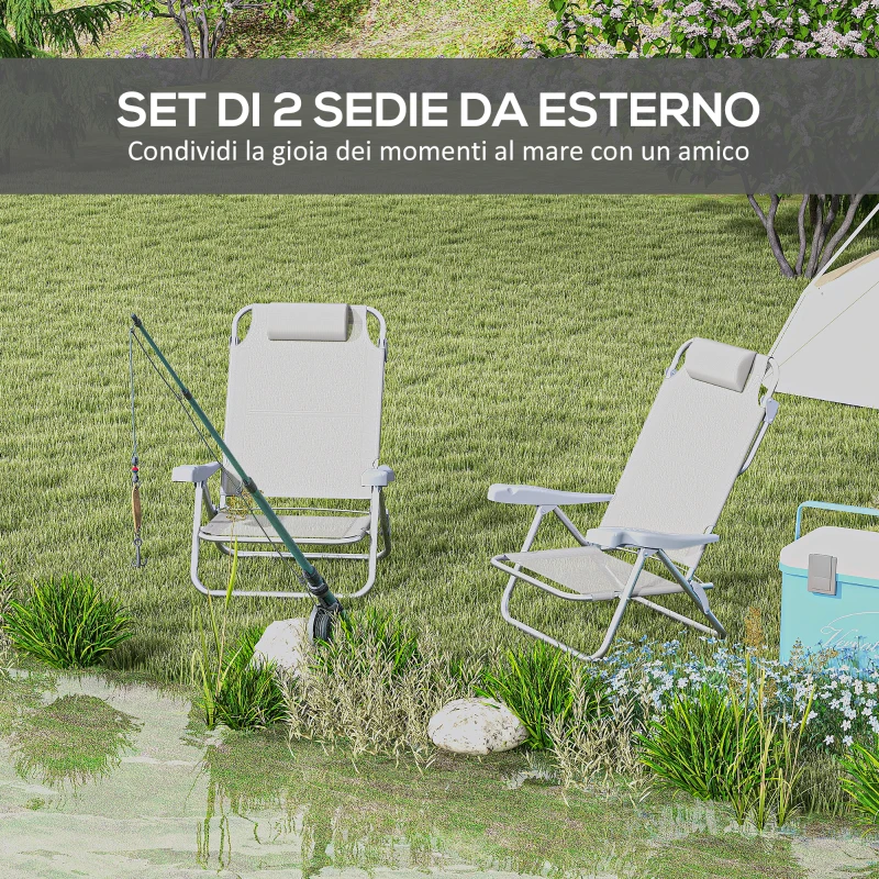 Outsunny Set 2 Sedie da Campeggio Pieghevoli e Reclinabili su 6 Livelli, in Alluminio e Schiuma, 62x65x80 cm, Grigio Chiaro
