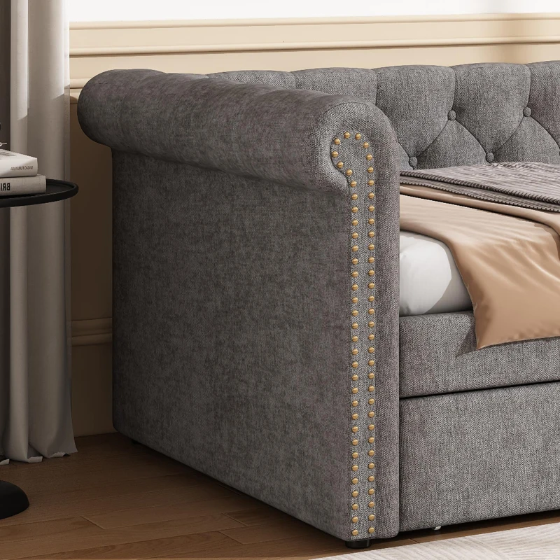Upholstered Single Daybed Sofa Bed with Sturdy Slatted Base, Convertible Bed-to-Sofa with Padded Velvet Headboard, 221L x 98.5W x 71.5H cm, Grey