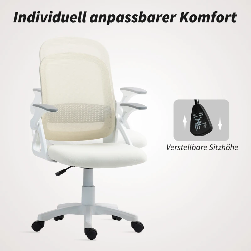 HOMCOM Atmungsaktiver Mesh-Bürostuhl, Ergonomischer Drehstuhl mit klappbaren Armlehnen und Lendenwirbelstütze, Weiß
