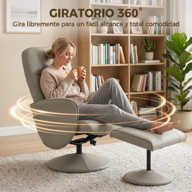 HOMCOM Sillón Relax Reclinable con Reposapiés Respaldo Alto Giratorio 360° Reposabrazos Beige Gris