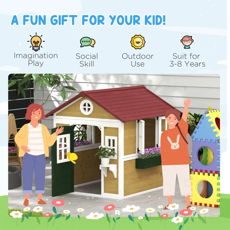 Outsunny Wooden Playhouse with Doors, Windows, Plant Pots, Boxes, for 3-8 Years - Beige