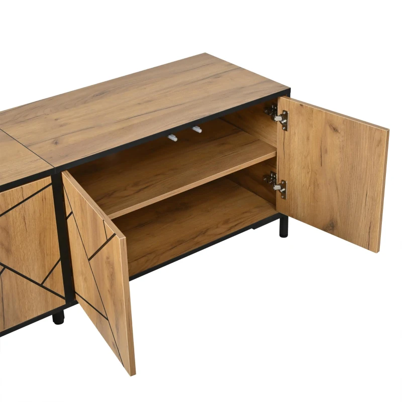 Geometric Wood TV Stand with Bold Geometric Doors, Modern Industrial Unit with Adjustable Shelves, 153L x 40W x 50H cm, Rustic Brown