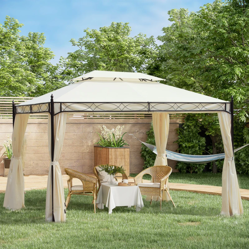 Outsunny Pérgola de Jardim 4x3 m com Telhado Duplo 4 Cortinas Estrutura de Aço 8 Orifícios de Drenagem Anti-UV Creme