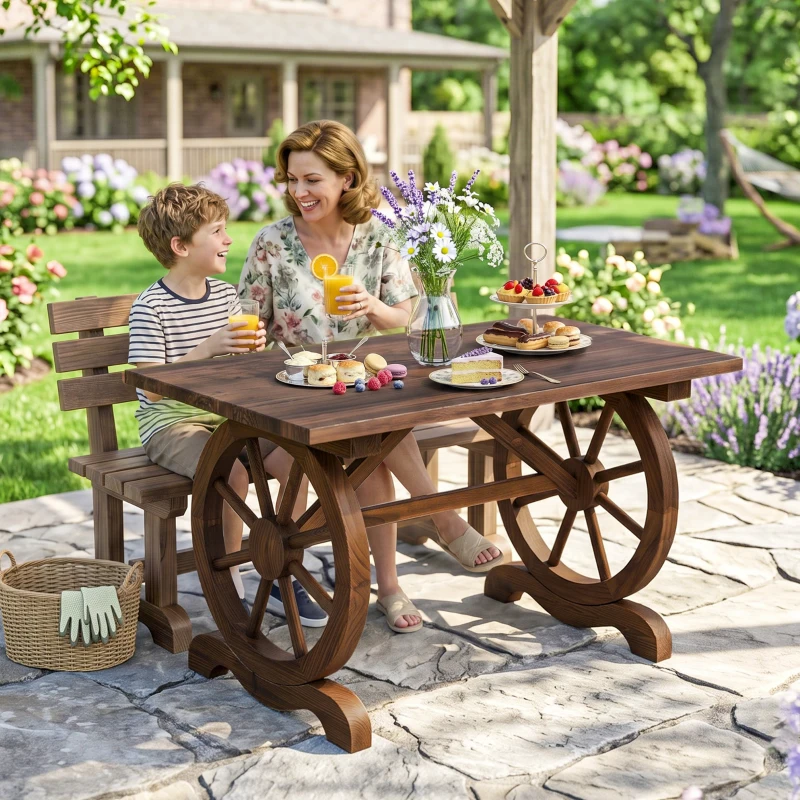 Outsunny Table Basse de Jardin Style Rustique Chic piètement Roues Charette Bois Sapin traité carbonisation