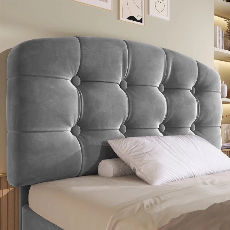 Upholstered Single Bed with Height-Adjustable Button-Tufted Headboard, Plush Grey Bed Frame with Built-In Drawers, 198L x 101W x 120H cm, Grey
