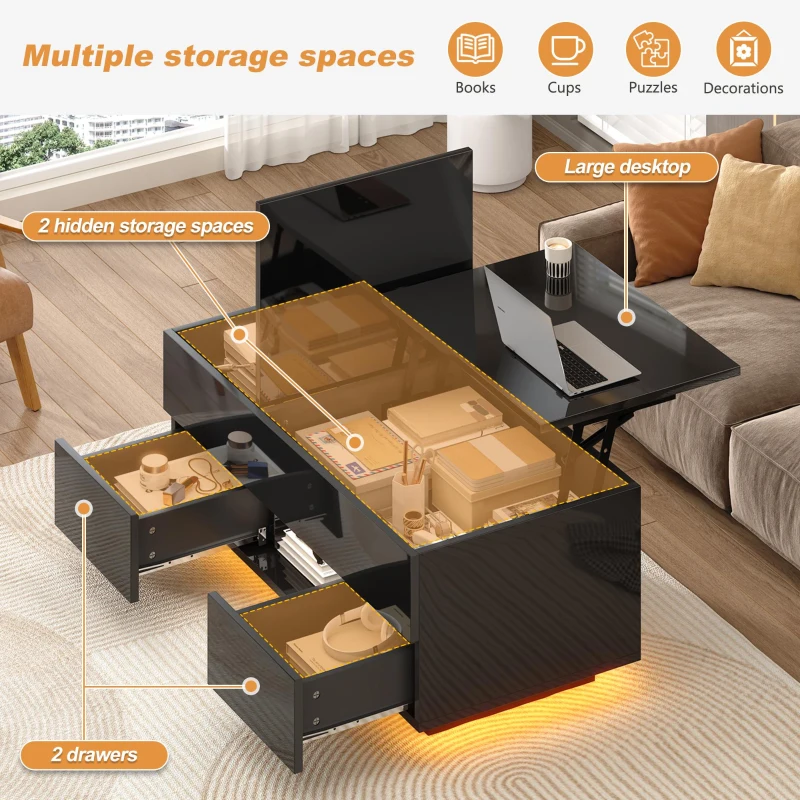 Lift-Top Coffee Table with App-Controlled RGB LED Lights, High-Gloss Center Table with Hidden Compartment, 100L x 45W x 43H cm, Black