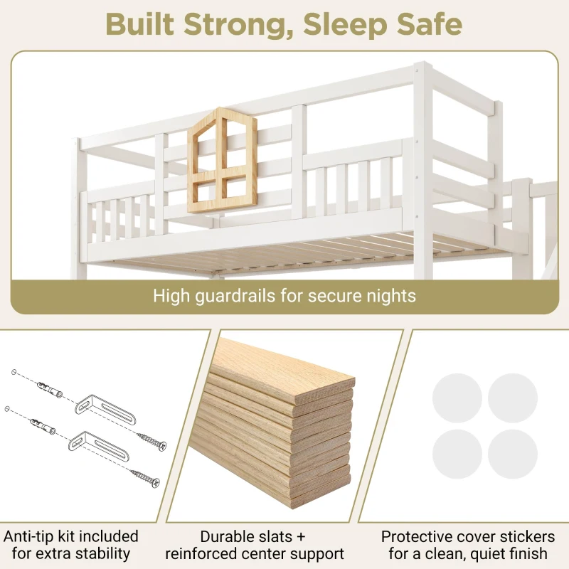 Twin Over Full Bunk Bed with Solid Pine and MDF Construction, Wooden Cabin Bed with Hydraulic Under-Bed Storage, 243L x 144W x 172H cm, White