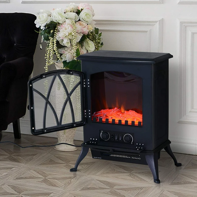 HOMCOM Chimenea Eléctrica Móvil 1000W/2000W Estufa de Pie Silencioso con Efecto de Llamas y Área de Cobertura 30m² Negro