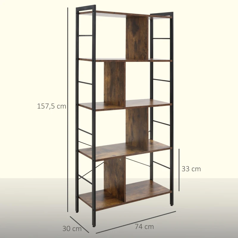HOMCOM Regał na książki, wąski regał stojący z 5 półkami, regał biurowy do salonu, 77 x 30 x 57,5 cm, Rustykalny brąz