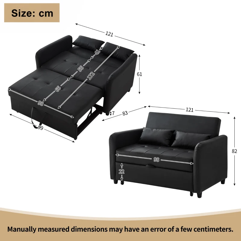 2-Seater Pull-Out Sofa Bed with 3-Level Adjustable Backrest, Space-Saving Convertible Bed with Metal Structure, 121L x 83W x 82H cm, Black