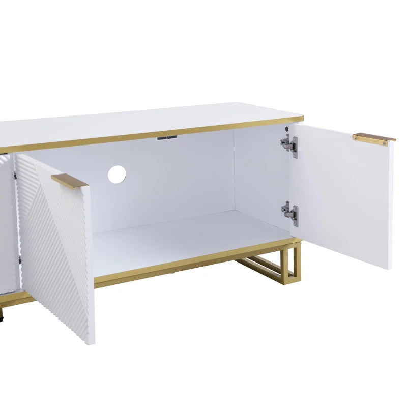 Modern TV Cabinet with 4 Geometric Embossed Doors and Open Top Shelf, Spacious TV Stand with Hidden Storage, 160L x 37.5W x 48H cm, White