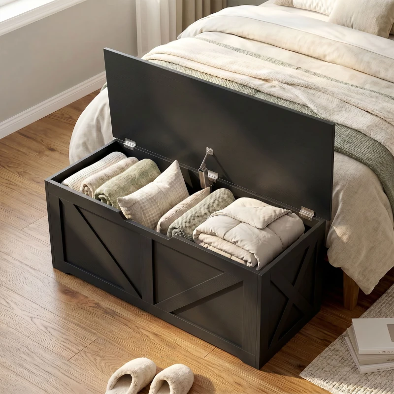 HOMCOM 100L Home Storage Box, with Safety Hinge - Black Wood-Effect
