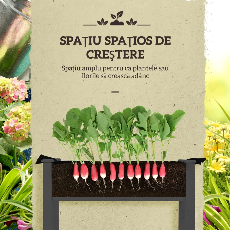Outsunny Pat pentru Grădină Ridicat cu Acoperiș din PE, Jardinieră Ridicată din Brad cu 4 Găuri de Drenaj, pentru Flori și Legume, pentru Grădină, Balcon, 121x55x117 cm, Gri Închis