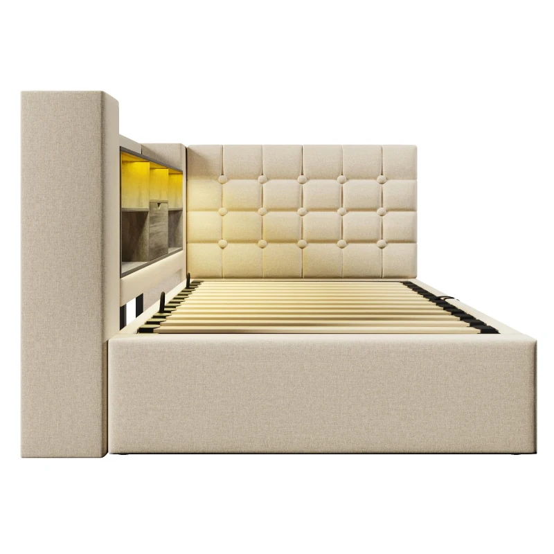 Upholstered Daybed with Hydraulic Under-Bed Storage, Beige Linen Sofa Bed with App-Controlled LED Lighting, 203L x 108W x 86H cm, Beige