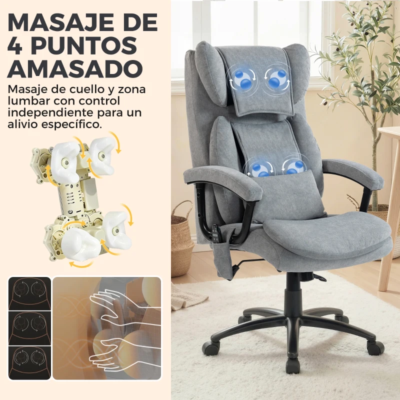 HOMCOM Silla de Oficina con Masaje de Amasamiento de 4 Puntos Respaldo Alto Altura Ajustable Asiento Amplio Cojín Lumbar Gris