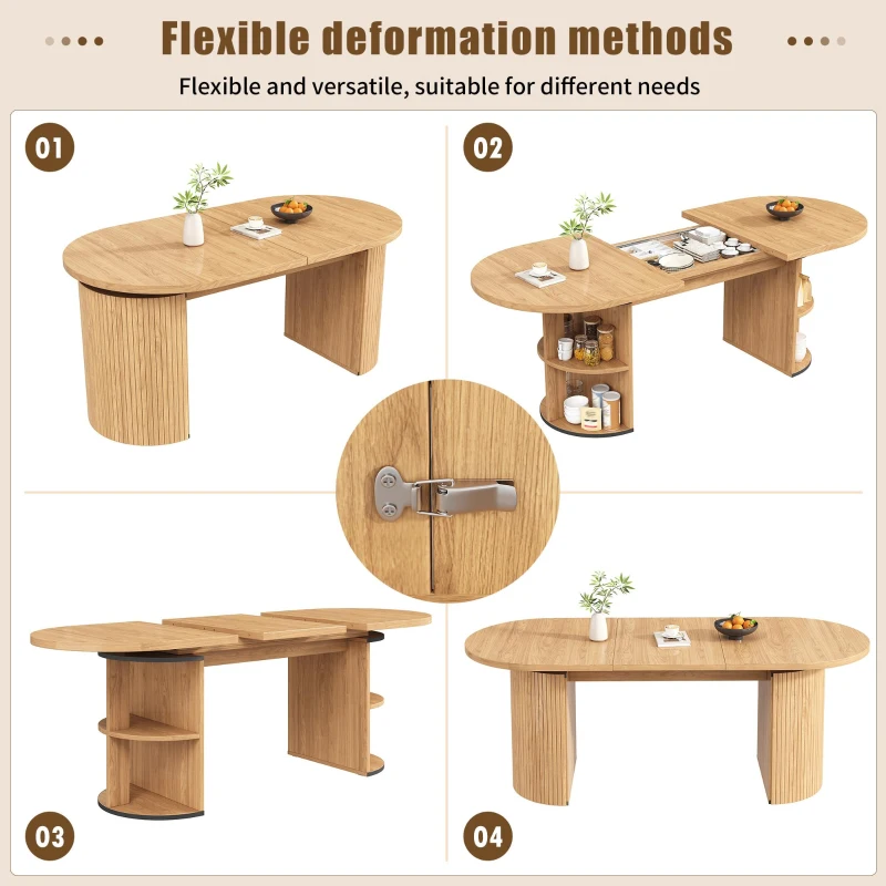Extendable Dining Table with Vertically Grooved Legs, Space-Saving Dinner Table with Storage Compartment, 160L x 80W x 76H cm, Natural Wood
