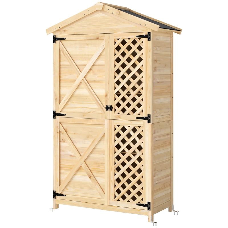 Outsunny Armario de Exterior de Madera con Techo Inclinado Asfalto 2 Puertas con Pestillo 2 Estantes 101,5x49x176 cm Natural