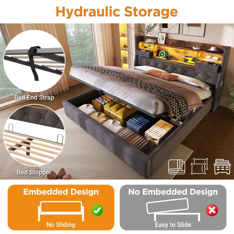 Upholstered Hydraulic Bed with LED Ambient Lighting, Linen Grey Bed Frame with Storage Headboard, 208L x 147W x 116H cm, Grey