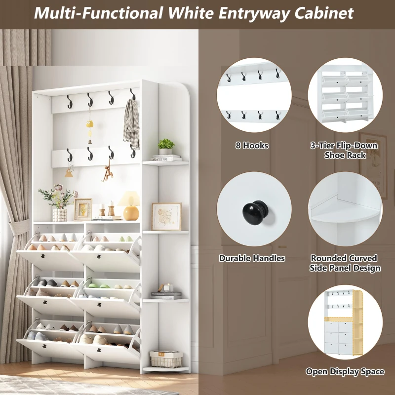 Coat Rack and Shoe Storage Cabinet with Shoe Cubbies, Space-Saving Hallway Storage Unit with Hinged Doors, 120L x 24W x 200H cm, White