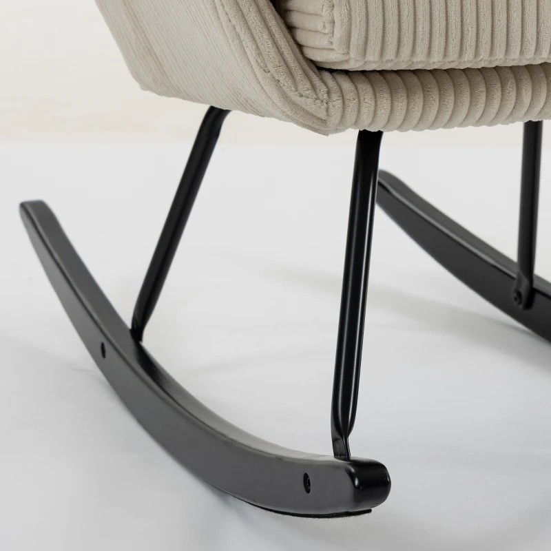 HOMCOM Fauteuil à Bascule, Rocking Chair en Velours Côtelé avec Dossier Haut et Accoudoirs, Pieds en Bois d'hévéa, Beige