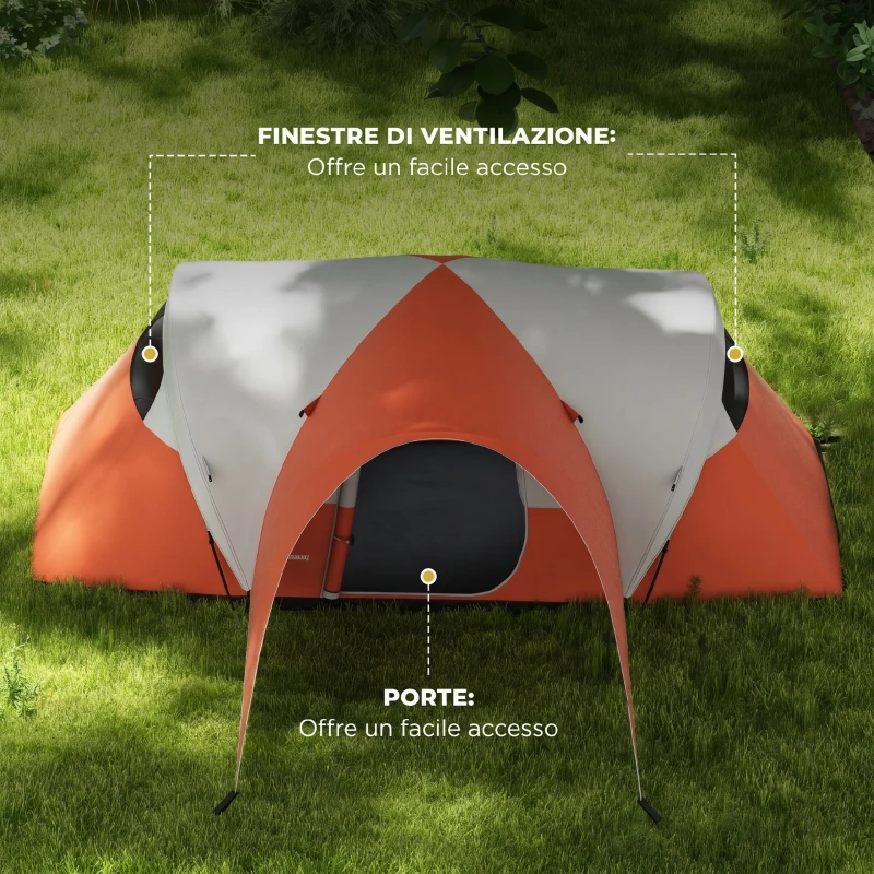 Outsunny Tenda da Campeggio 7 Posti con Portico, Impermeabile 3000mm con Borsa di Trasporto, Arancione