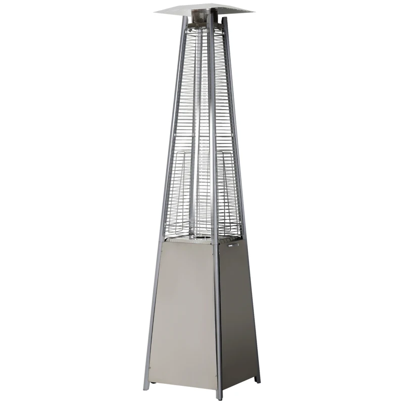 Outsunny Estufa de Gas para Exterior Pirámide 10500 W Calefactor para Patio de Propano Acero Inoxidable con Funda Protectora Regulador Manguera Sistema Anti-Vuelco y Ruedas 10 m² Plata
