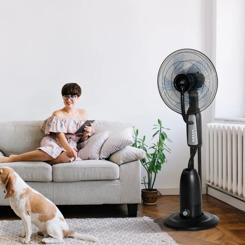 HOMCOM Ventoinha de Pé com Nebulizador Oscilante 3 Velocidades e 5 Lâminas Potência 90W Depósito 2,8L  Ø44,5x120 cm Preto