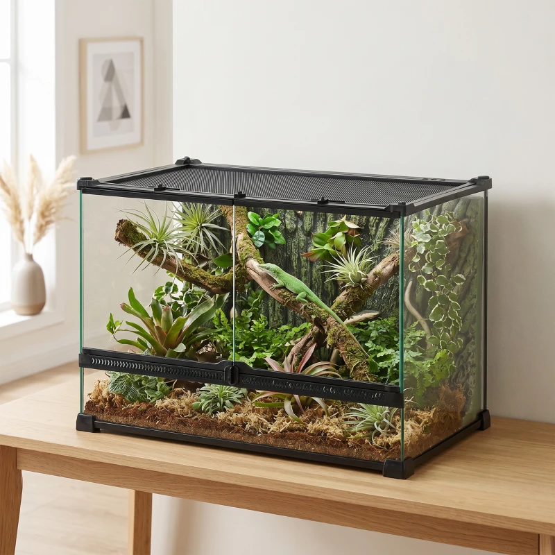 PawHut Reptile Glass Terrarium with Stone Background, Front Ventilation, Escape-Proof Knob Lock, 50 x 30 x 35 cm, Black