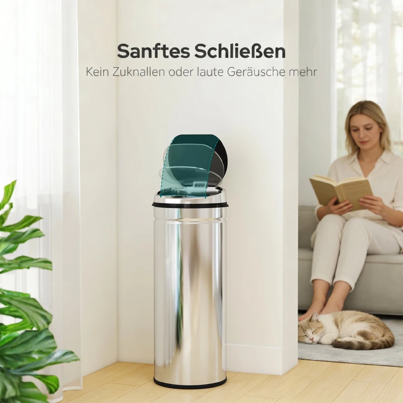 HOMCOM 50 L sensorprullenbak, automatische afvalemmer, roestvrijstalen keukeneimer met infraroodsensor, voor keuken, eetkamer