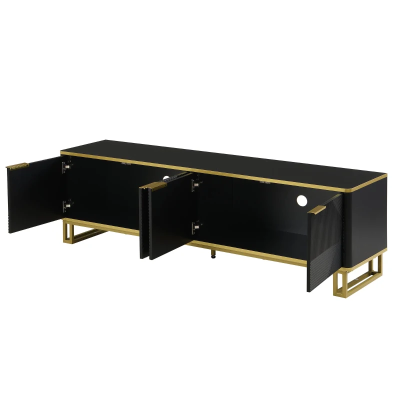 Modern TV Cabinet with 4 Geometric Embossed Doors and Open Top Shelf, Spacious TV Stand with Hidden Storage, 160L x 37.5W x 48H cm, Black