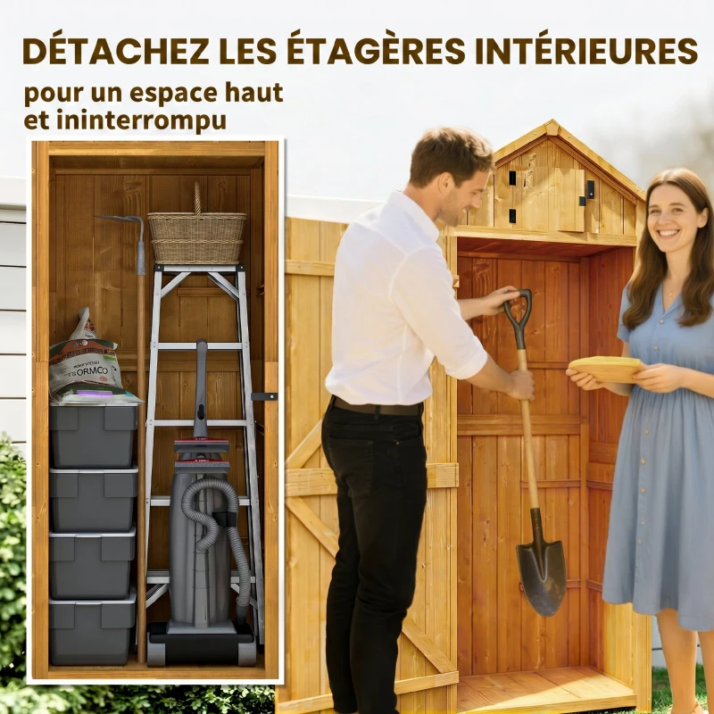 Outsunny Armoire de jardin extérieur abri de jardin en bois abri pour outils 3 étagères 2 Portes loquets Toit Pente bitumé rangement et stockage extérieurs pour terrasse 77 x 54 x 179 cm jaune