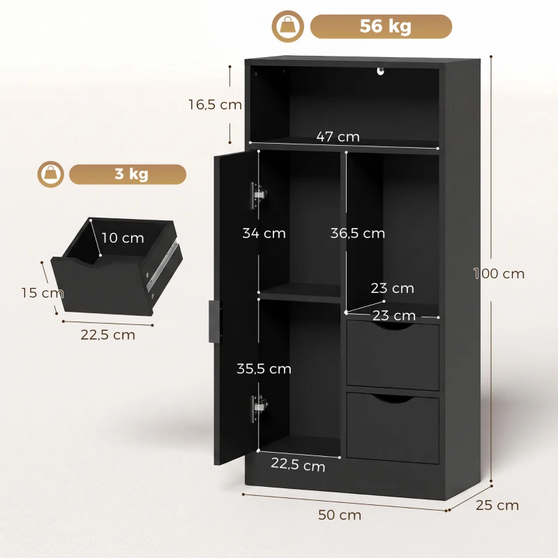 HOMCOM Mueble de Baño Estrecho con Cajones Compartimentos Abiertos Negro