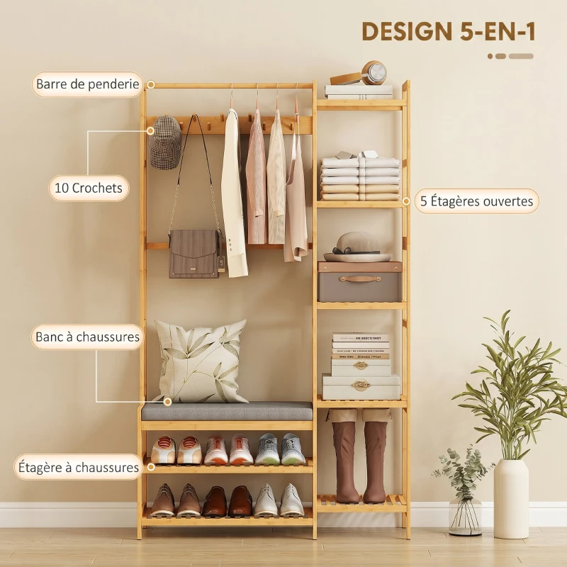 HOMCOM Meuble d'entrée en bambou, vestiaire d'entrée, banc, assise rembourrée, 10 crochets, tringle, 104x33x175cm, naturel