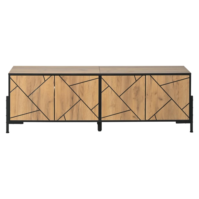 Geometric Wood TV Stand with Bold Geometric Doors, Modern Industrial Unit with Adjustable Shelves, 153L x 40W x 50H cm, Rustic Brown