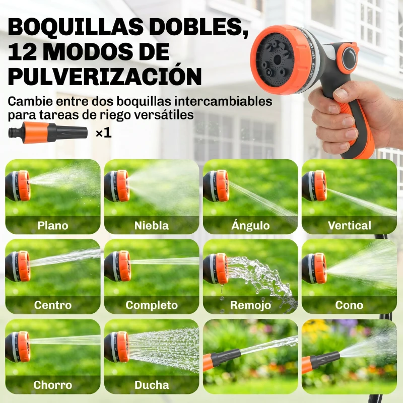 Outsunny Carrete de Manguera Retráctil 23+2 m con 12 Modos de Rociado Bloqueo Automático Retracción Controlada Soporte Naranja