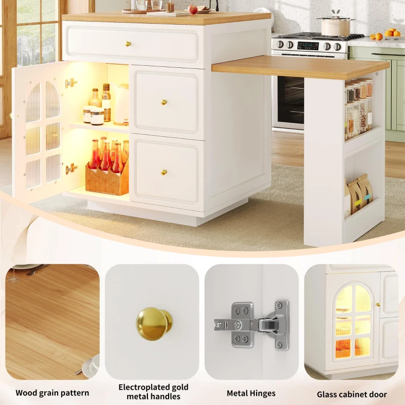 Extendable Kitchen Island with LED Colour Lighting, Space-Saving Dining Bar with 4 Drawers and Open Shelf, 195.5L x 70W x 93.5H cm, White