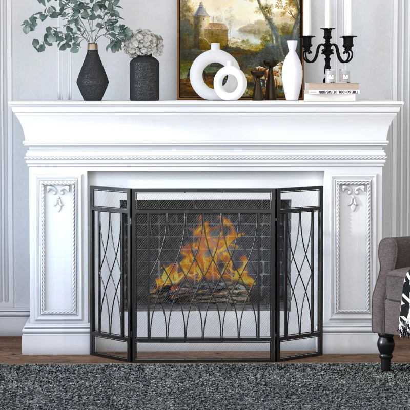HOMCOM Pantalla Protectora de Chimenea Plegable de 3 Paneles con Bisagras y Estructura de Metal Decorativa 126x3x80 cm Negro