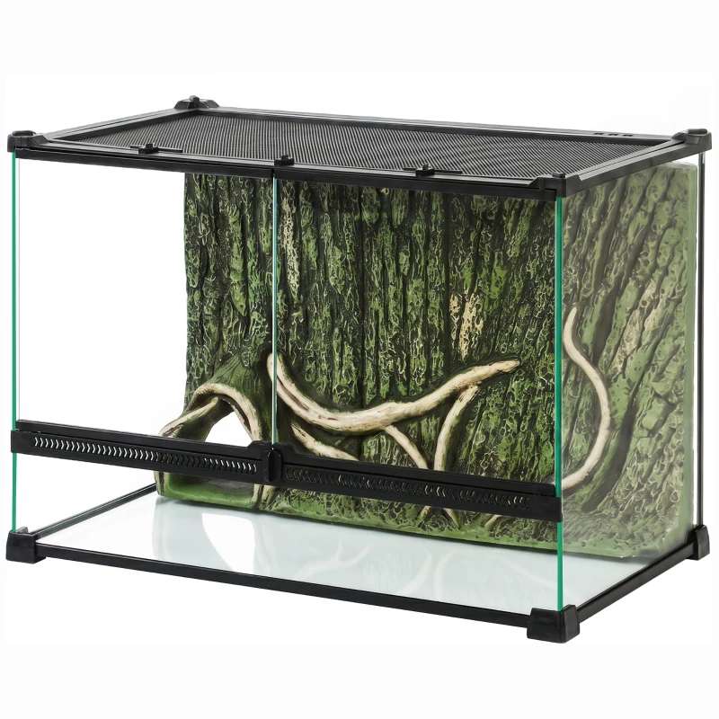 PawHut Reptile Glass Terrarium with Stone Background, Front Ventilation, Escape-Proof Knob Lock, 50 x 30 x 35 cm, Black
