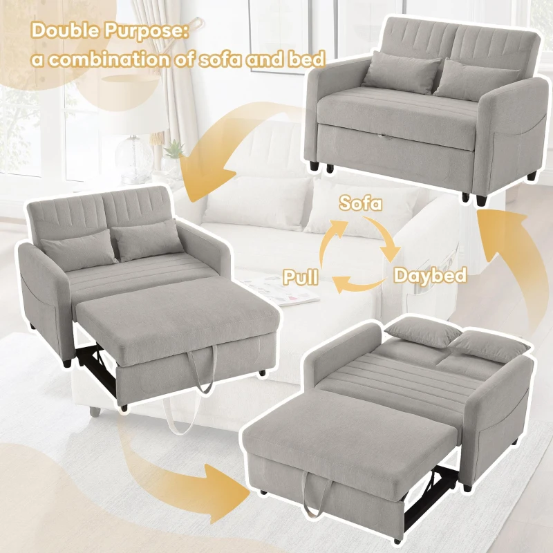 Two-Seater Pull-Out Sofa Bed with Three-Level Adjustable Backrest, Stylish Futon Couches with High-Density Foam, 112L x 169W x 59H cm, Light Gray