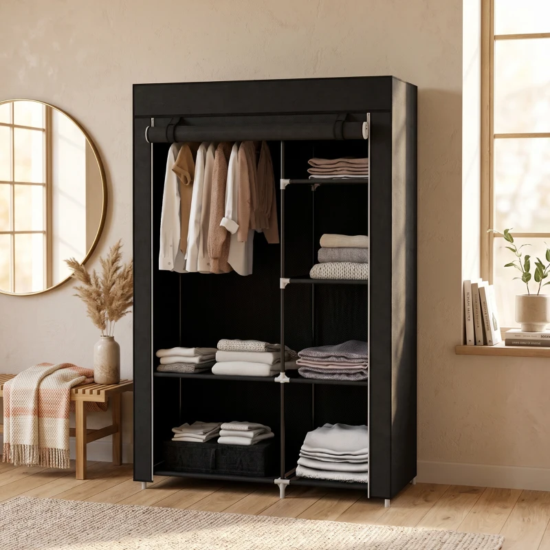 HOMCOM Armadio Guardaroba Portatile in Tessuto con 6 Ripiani Aperti e un Appendino, 103x43x162.5 cm, Nero