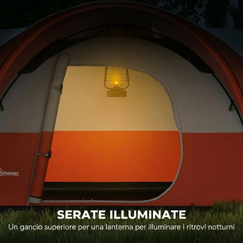Outsunny Tenda da Campeggio 7 Posti con Portico, Impermeabile 3000mm con Borsa di Trasporto, Arancione