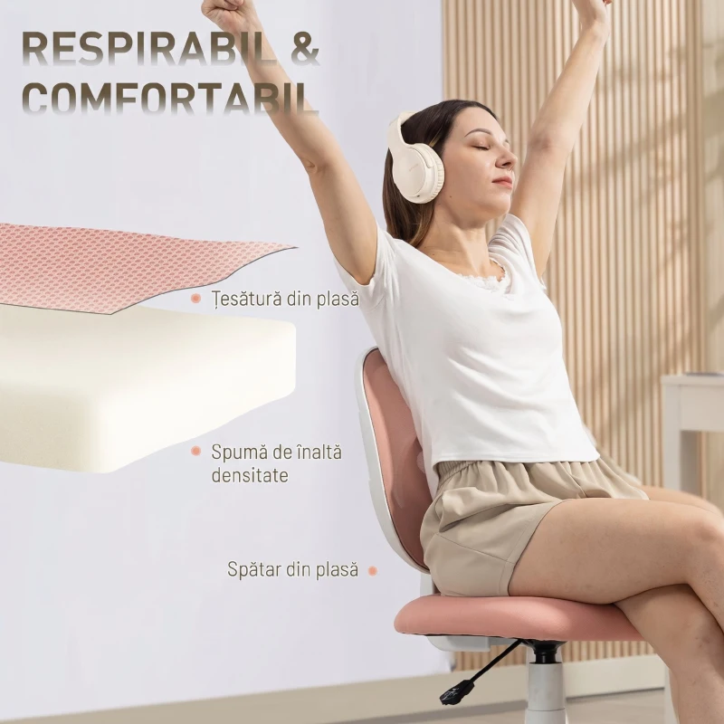HOMCOM Scaun de Birou Ergonomic Rotativ din Material Tip Plasă Respirabil Fără Brațe, Înălțime Reglabilă, Roz