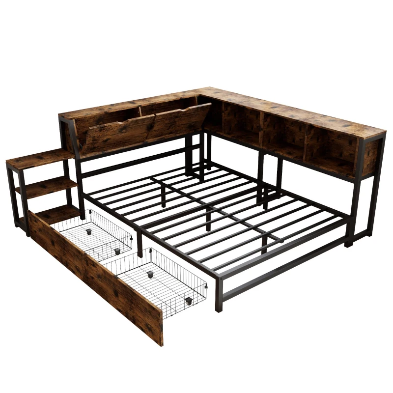 Classic Double Bed with Two Underbed Drawers, Sturdy Storage Bed with Built‑In Bedside Storage, 200L x 136.5W x 85H cm, Rustic Brown