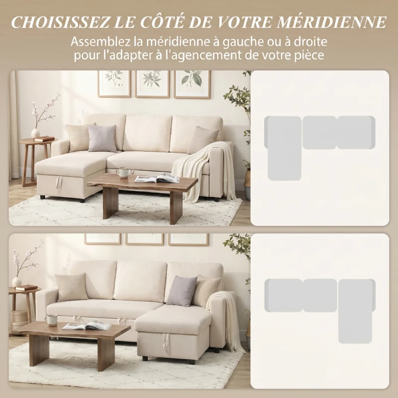 HOMCOM Canapé d'angle convertible modulable avec méridienne réversible, coffre de rangement et 3 coussins de dossier, crème(m-5)