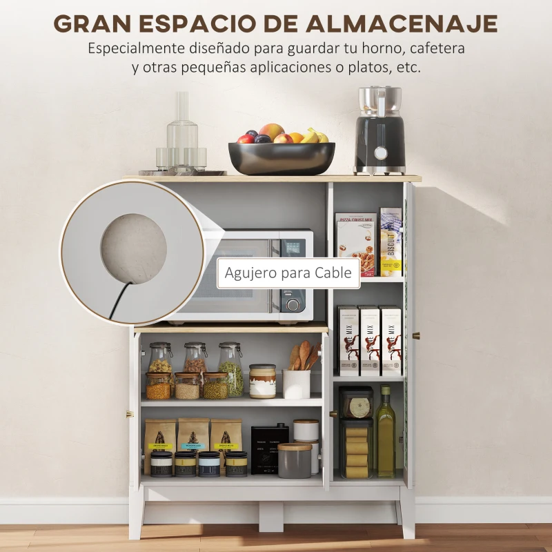 HOMCOM Mueble Auxiliar de Cocina Moderno con Estantes 3 Puertas y Sistema Anti-vuelco 80x35x97 cm Blanco