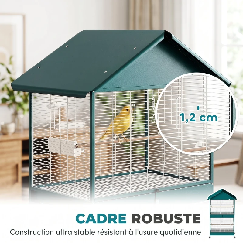 PawHut Cage à oiseaux sur roulettes avec séparateur amovible, 4 mangeoires et 2 perchoirs, 2 plateaux coulissants, 94x70x158cm