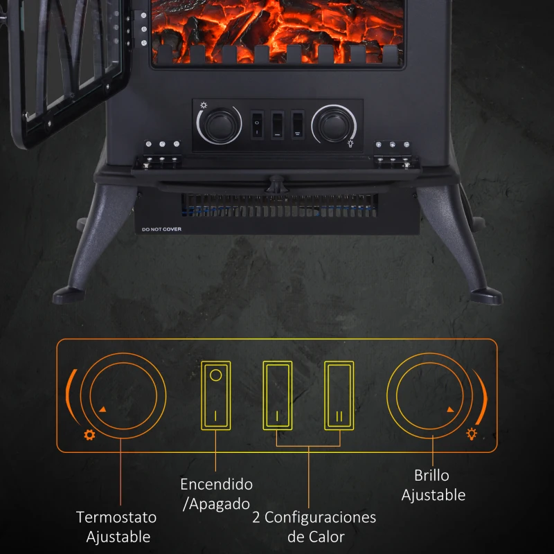 HOMCOM Chimenea Eléctrica Móvil 1000W/2000W Estufa de Pie Silencioso con Efecto de Llamas y Área de Cobertura 30m² Negro
