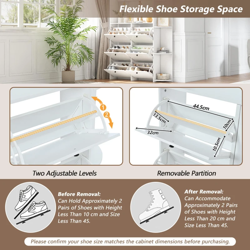 Coat Rack and Shoe Storage Cabinet with Shoe Cubbies, Space-Saving Hallway Storage Unit with Hinged Doors, 120L x 24W x 200H cm, White